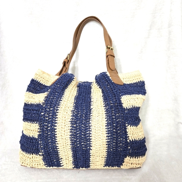 Women's NATURAL & BLUE STRIPE‎ Large STRAW TOTE Handbag Tan Straps Coastal Beach - Picture 1 of 13